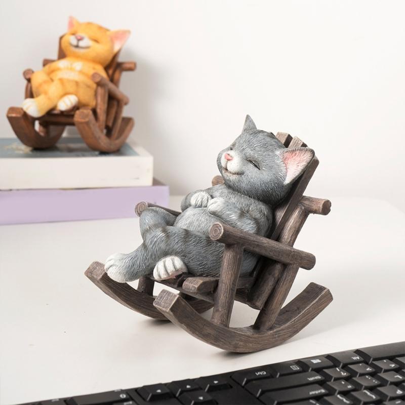 Resins Rocking Chair Cats Dog Figurine Cartoon Animal Miniature Statue for Home Office Tabletop and Shelves Decoration
