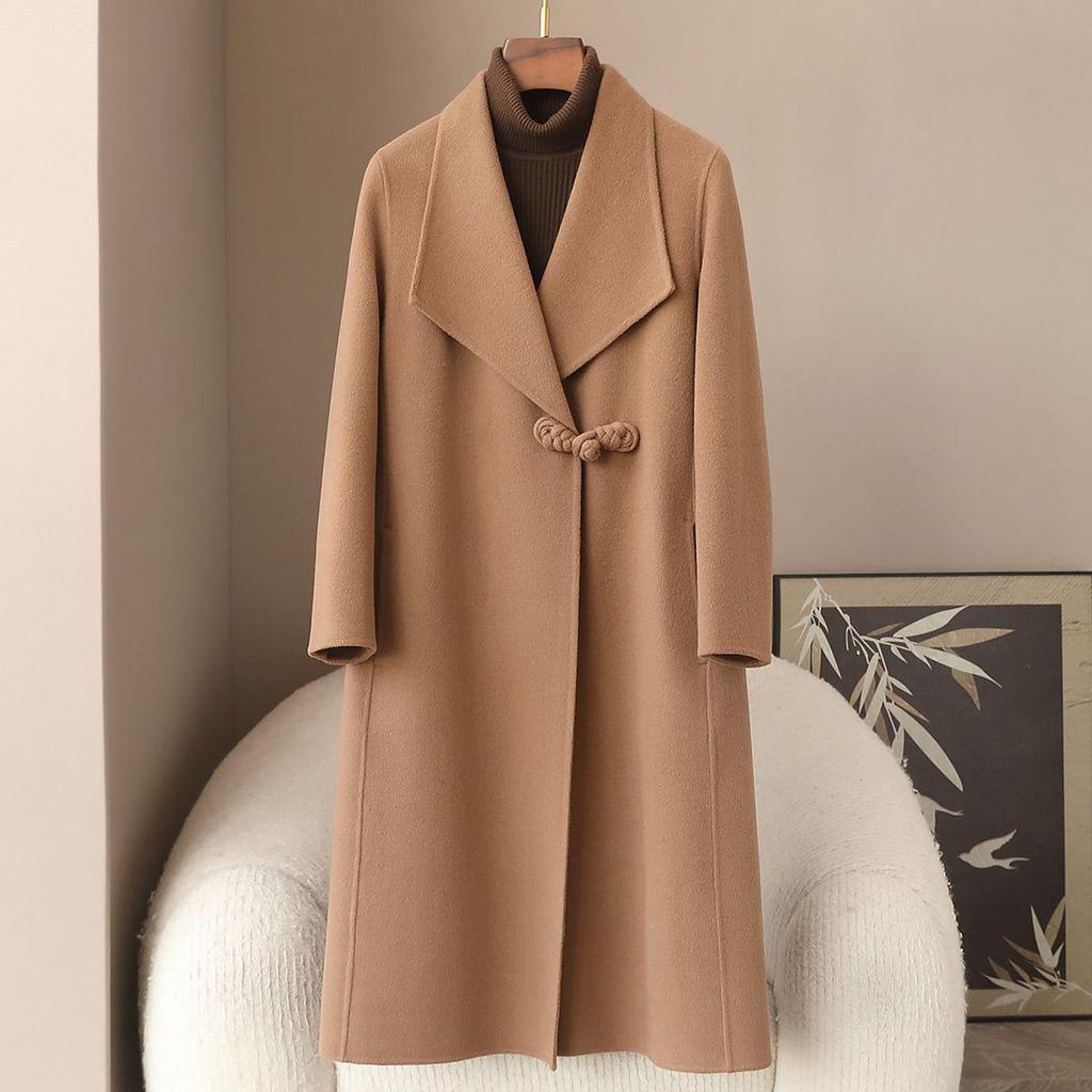 Spring 2026 Women's 10% Cashmere Wool Long Coat with Large Lapel