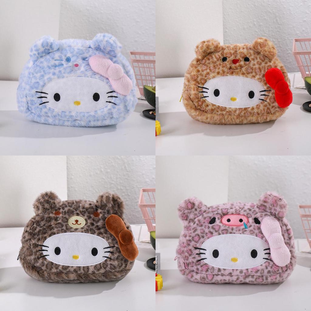 Plush Leopard Print Hellokitty Pencil Case With Large Capacity For Students And Kids