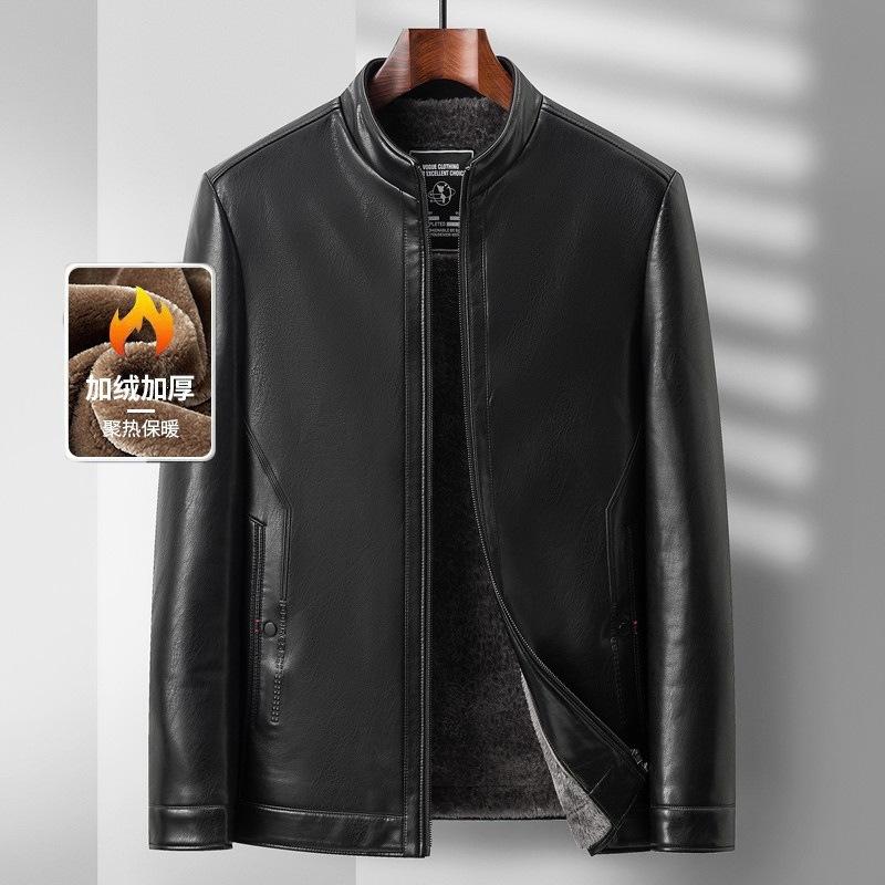 New winter velvet thickened leather jacket middle-aged men's stand-up collar casual leather jacket warm winter dad leather jacket