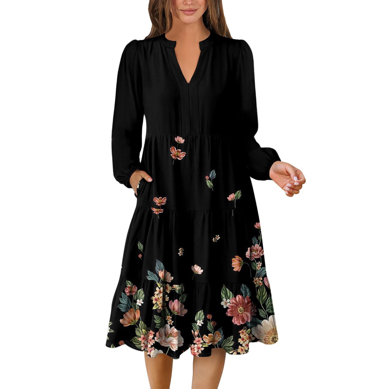 Women s V-Neck Flowing Bohemian Long Sleeve Floral Print Dress XL чёрный