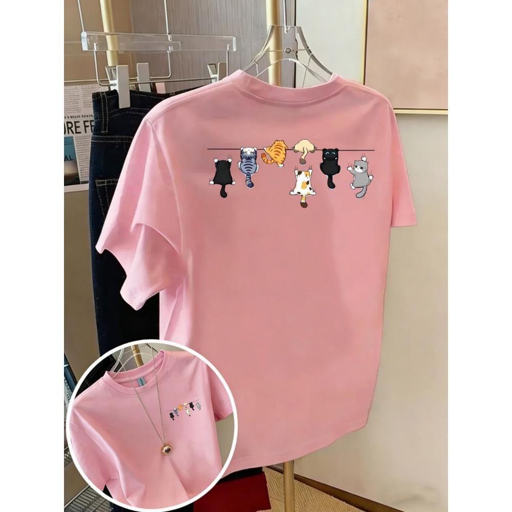 Cartoons Cats Prints T-Shirts Summer Womens Cotton T Shirts Basic O-Neck Oversized Short Sleeve Tops Casual Street Woman Clothes