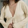 WTEMPO Green Beige Lace-Up Women's Shirts Summer New Bodycon Long Sleeve Blouses Ladies Fashion Pleated Tops Female Clothing 2023