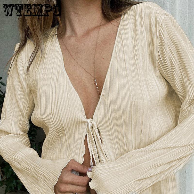 WTEMPO Green Beige Lace-Up Women's Shirts Summer New Bodycon Long Sleeve Blouses Ladies Fashion Pleated Tops Female Clothing 2023