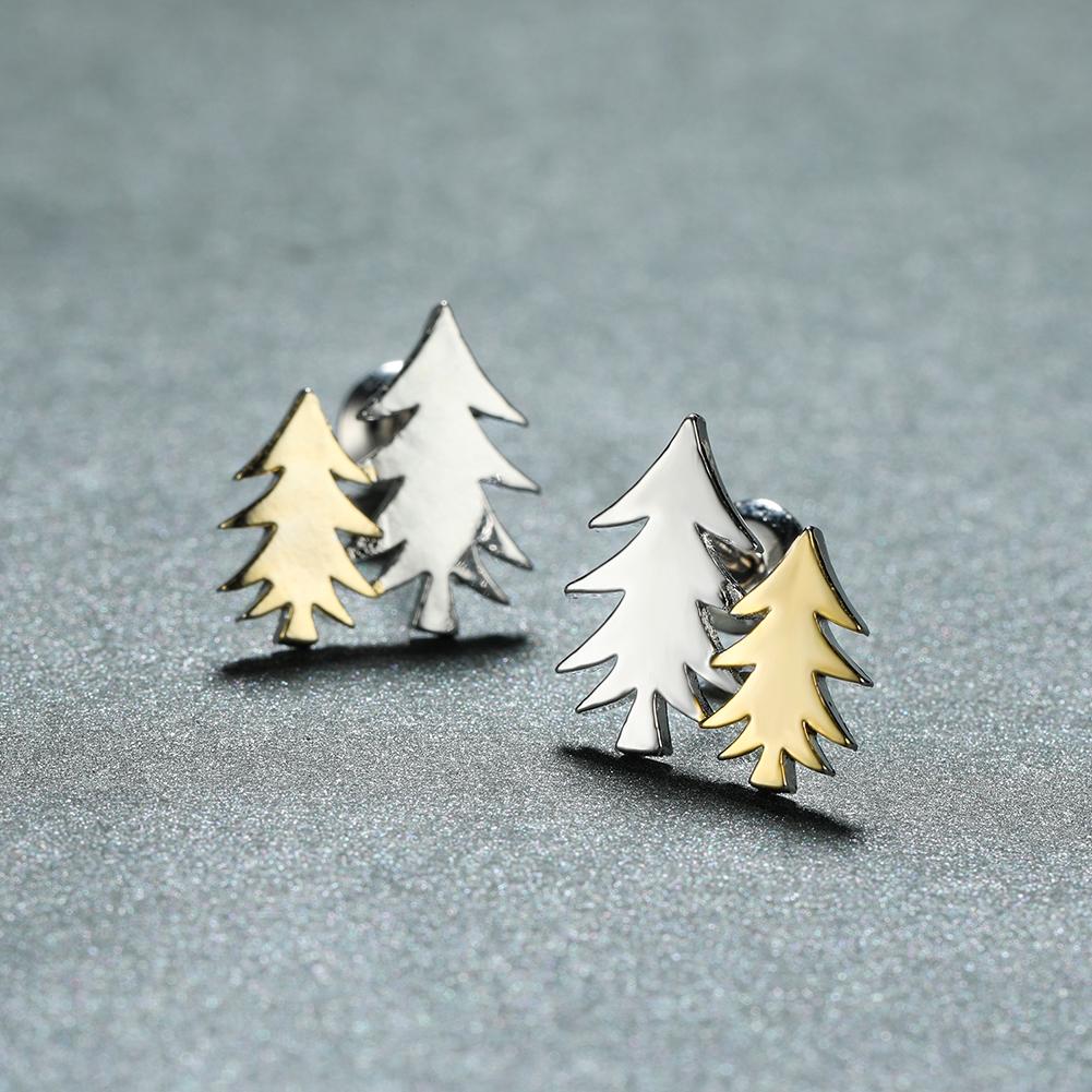 Asymmetric Two-Tone Christmas Tree Stud Earrings Gold and Silver Pine Tree Design Women Holiday Party Earrings for Winter Gift