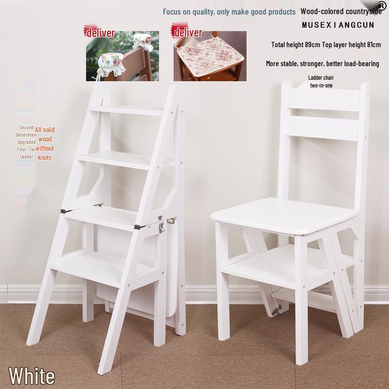 Solid Wood Folding Ladder Chair: Multifunctional 4-Layer Stool for Home Use