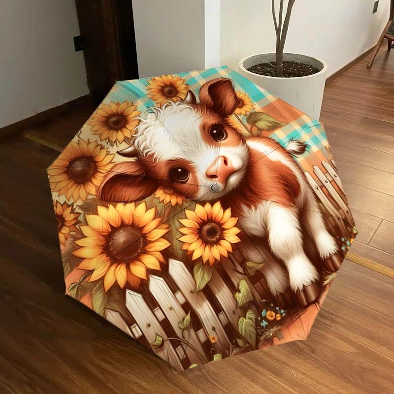 Sunflower Cow Outdoor Umbrella - Automatic Opening/Closing Rainproof Umbrella with Foldable Design, Iron Frame for Festival Gifts, Travel, D