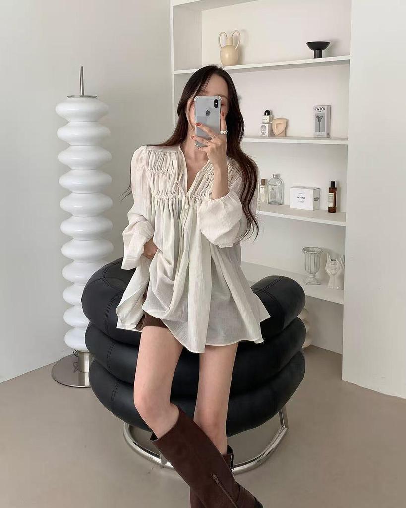 2026 Early Spring Korean V-neck Lace-up Puff Sleeve Chiffon Blouse