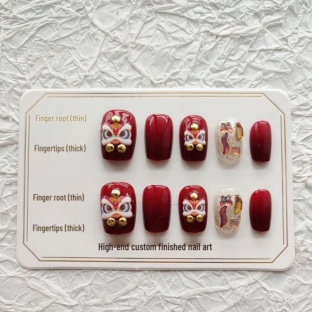 

A586-Красный танец льва 3D рельеф Ручная работа Броские носибельные ногти - Новый год Национальный стиль A586-New Year Waking Master [Glue Version]