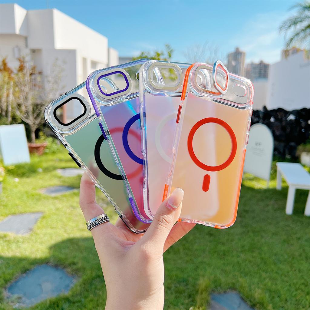For iPhone Air Magnetic Case TPU Acrylic Phone Back Cover with Lens Film and Kickstand