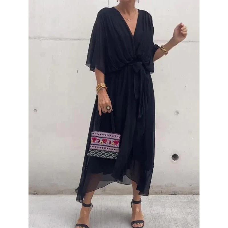 2026 New Plus Size Women's Solid Color Tie-Waist Long Dress with Bat Sleeves and Asymmetrical Hem