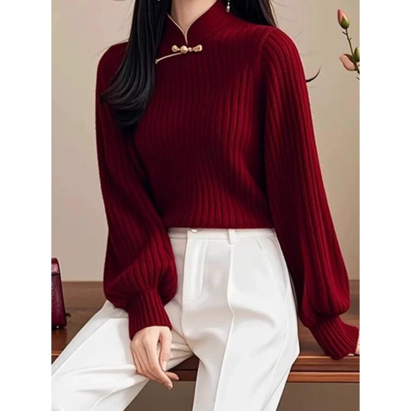 Autumn Winter New Chinese Style Red Stand Collar Long Sleeve Button Sweater Fashion Retro Lantern Sleeve Sweater
