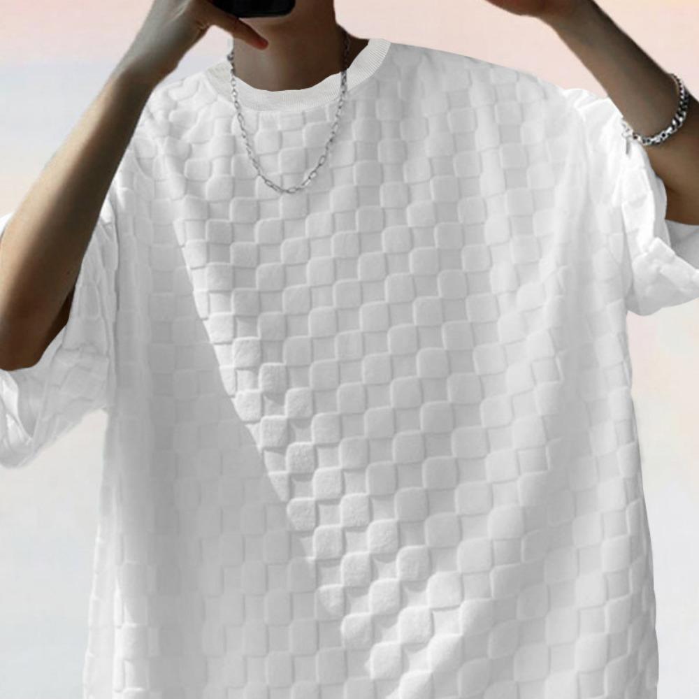 Men's Sports Suit Summer New Korean High Street Jacquard Plaid T-shirt Shorts Two-piece Set Male Casual Retro Loose O-neck Top