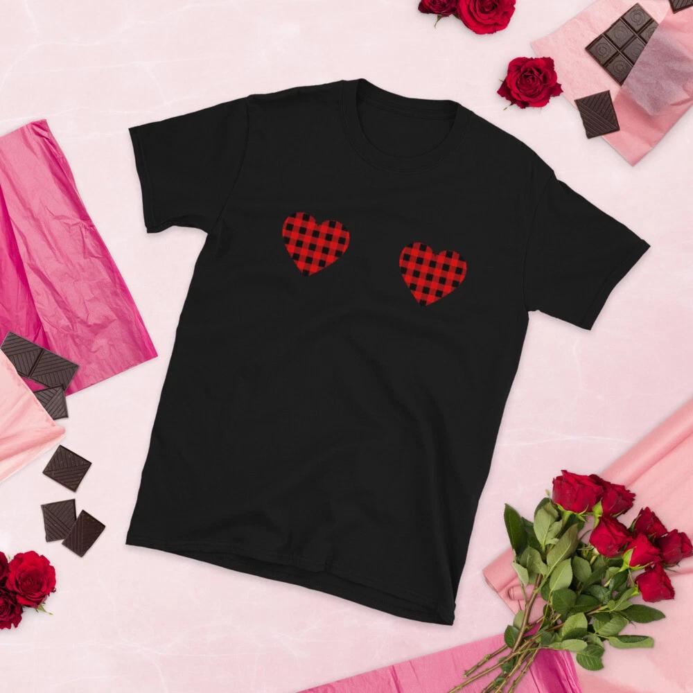 

Red Plaid Hearts Boobs Valentine s day Costume Unisex T-Shirt M