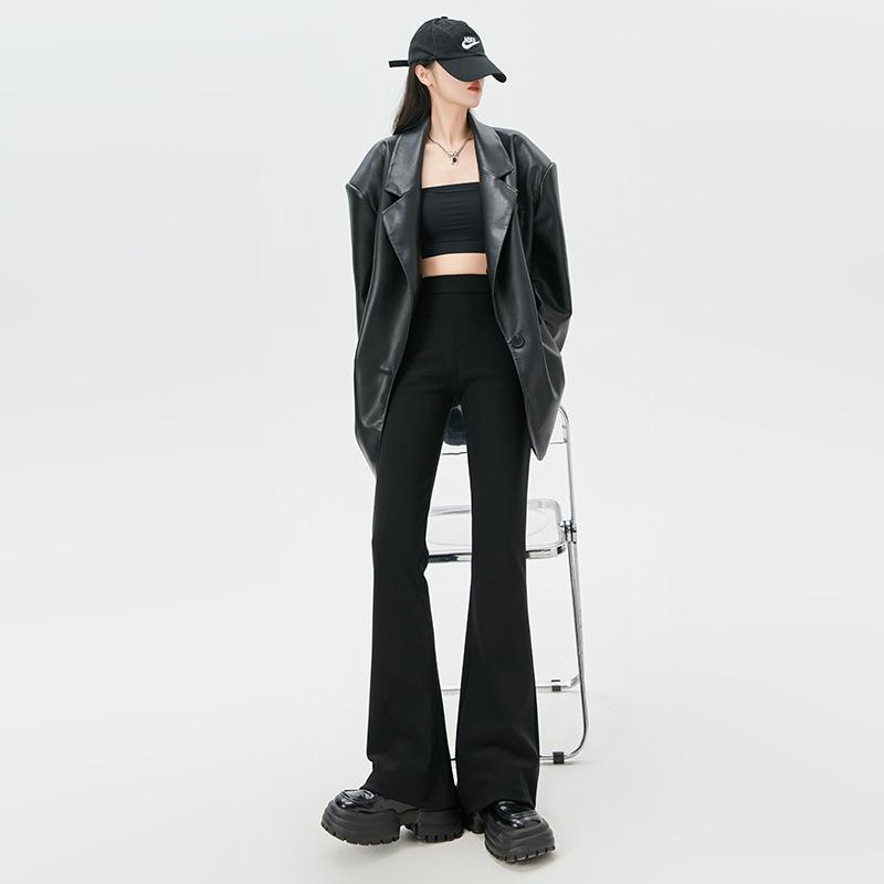 Black Suit Flared Pants Women's Spring Autumn High Waist Slit Trousers Elastic Slimming Trousers Korean Fashion