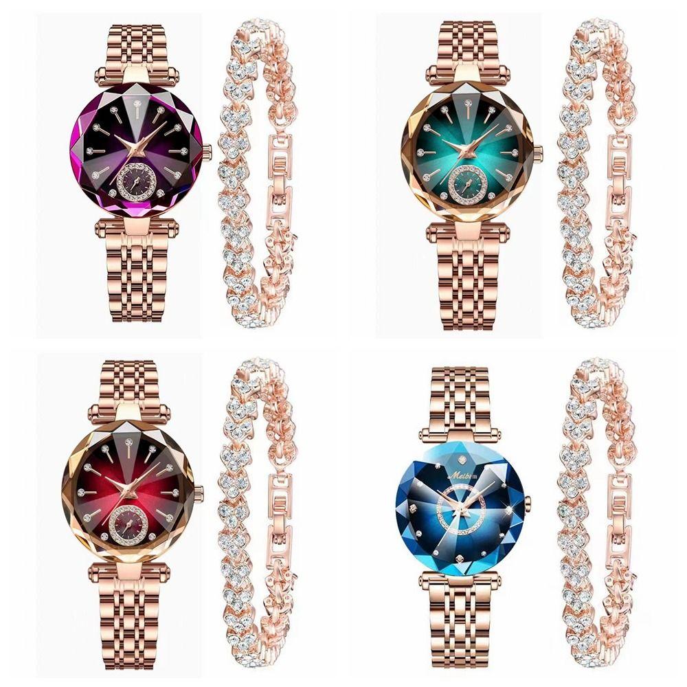 Luxury Rhinestone Quartz Watches Exquisite Watch Bracelet Set Rose Gold Watch Daily Use