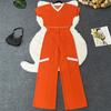 Women's Round Neck Short Sleeve Loose Fit Two Piece Set Top And Straight Pants