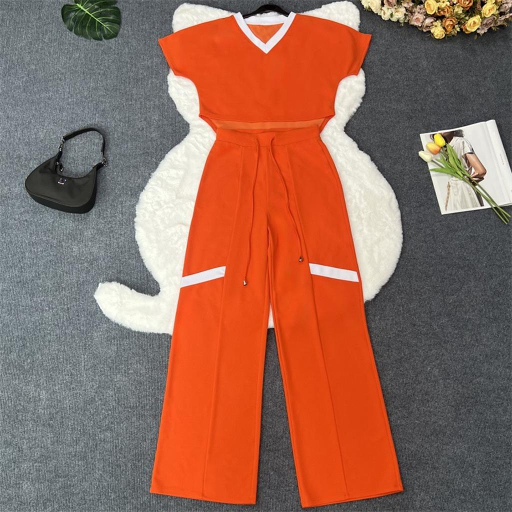 Women's Round Neck Short Sleeve Loose Fit Two Piece Set Top And Straight Pants