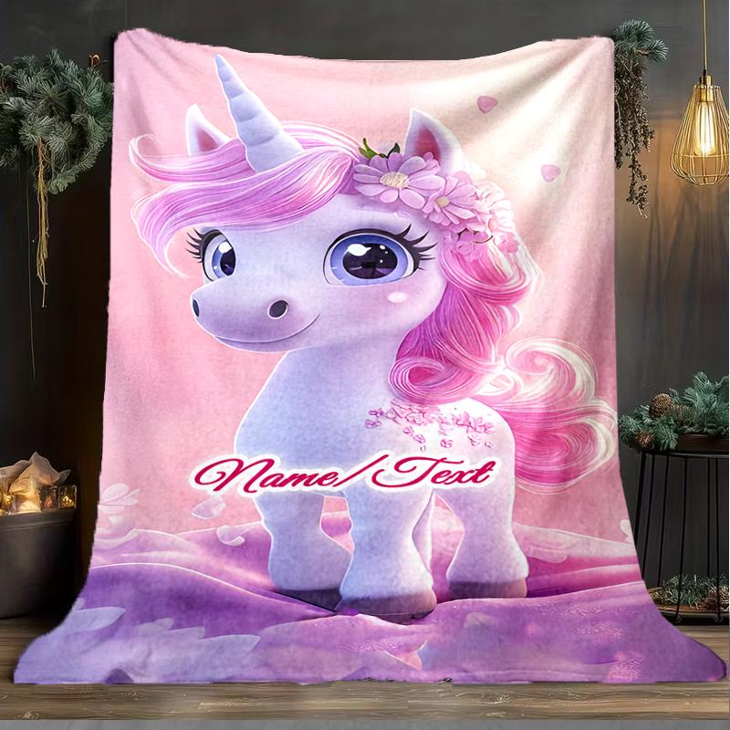 1PC Custom Name Magical Unicorn Fantasy Outdooor Flannel Blankets Throw Blanket All-Season Throw Gift Bedspread for Couch, Bed, Camping Holiday Birthd