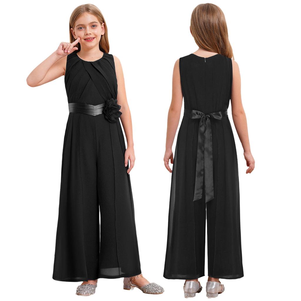 Completo per Feste e Celebrazioni per Bambine: Tuta in Chiffon con Volant e Fiore Amovibile, Vita Alta con Cintura per Eventi