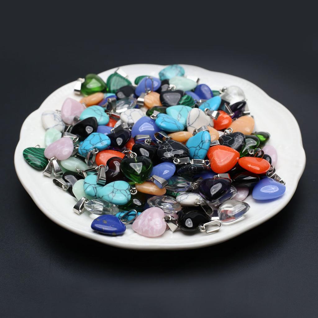 10Pcs, Natural Stone Heart Pendant, Spiritual Healing Crystal Turquoise Agate Amethyst Gems Charms for Jewelry Making DIY Necklace Accessories Crafts