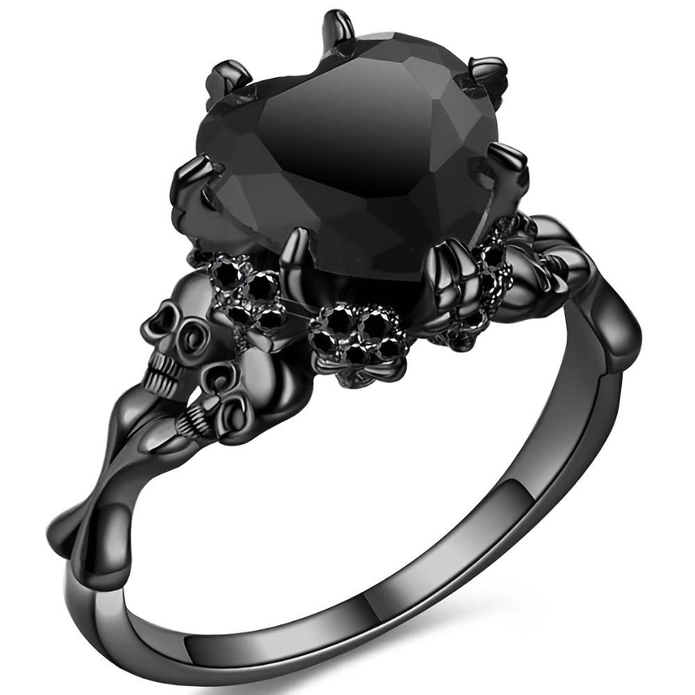 Gotischer Verlobungsring mit eingelegtem Herzform-Zirkon und Totenkopf-Design Ehering Perfektes Halloween-Geschenk für Ihren Liebsten 10 black
