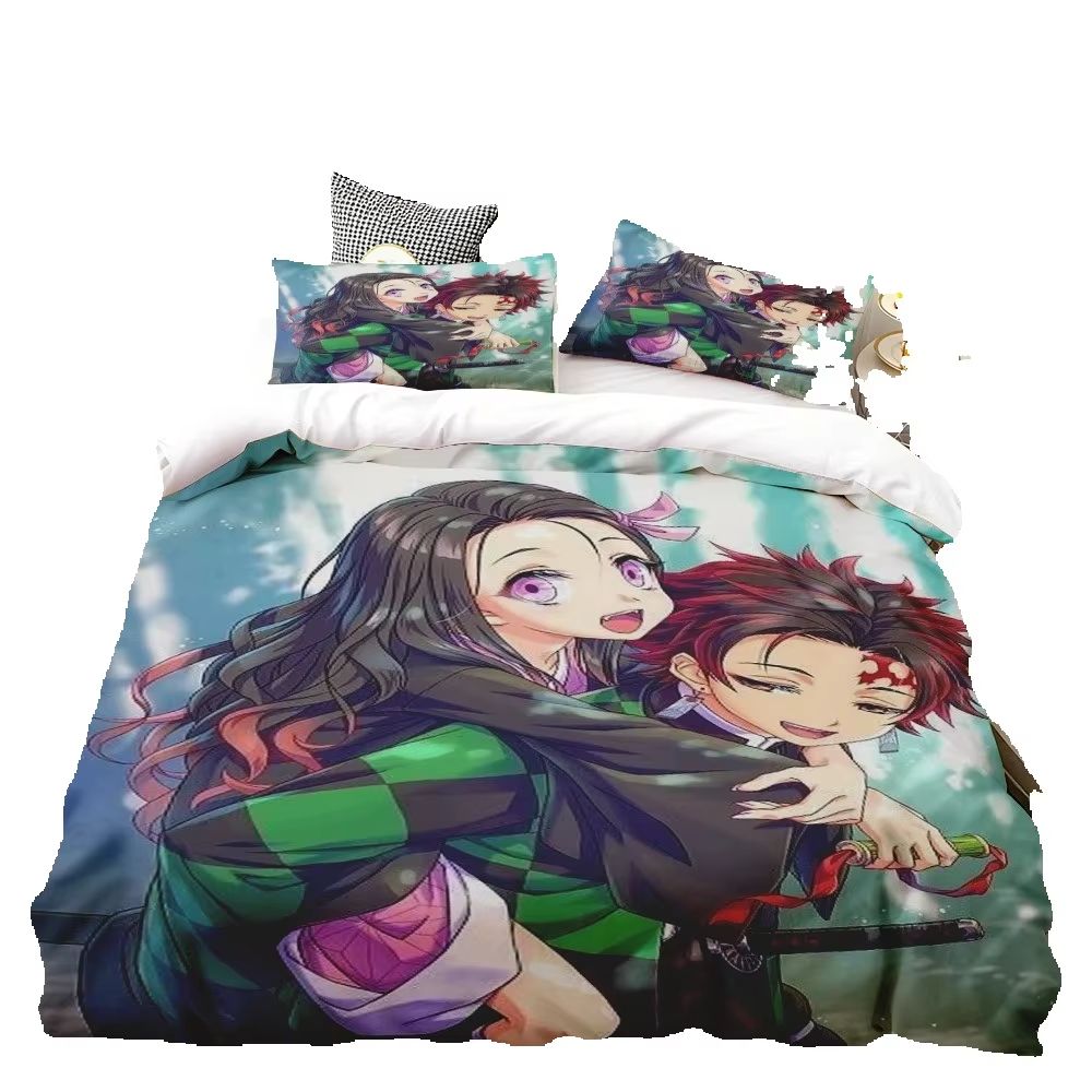 Conjunto de Roupa de Cama Dupla Infantil com Capa de Edredom e Fronhas do Anime Demon Slayer - Venda Quente 3D - Decoração de Quarto de Casa - Presente para Meninos Meninas