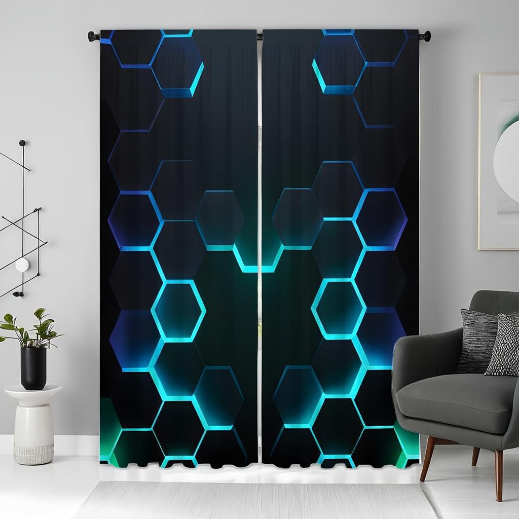 2pcs Futuristic Hexagon Pattern Printed Curtains, Digital Print Drapes Polyester for Living Room, Bedroom, Kitchen, Home Decor