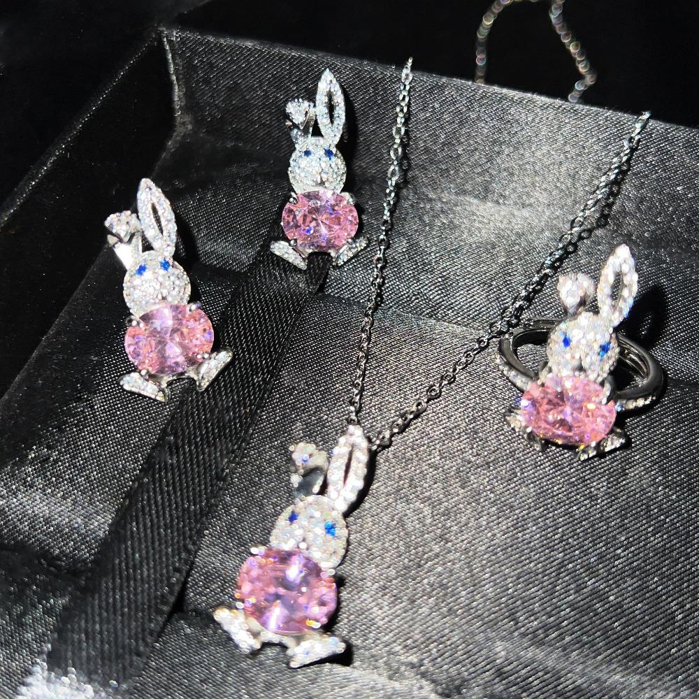 Women Jewelry Set Cute Rabbit Earrings Pink Diamond Pendant Open Ring Set Fashion Elegant Gift