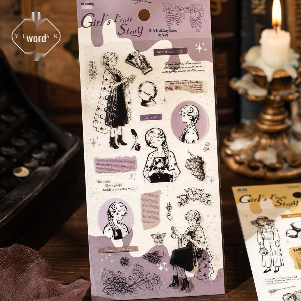 Yuxian Girl's Fruit Story Pet Stickers: Character-Themed Journal Decorations (6 Designs)