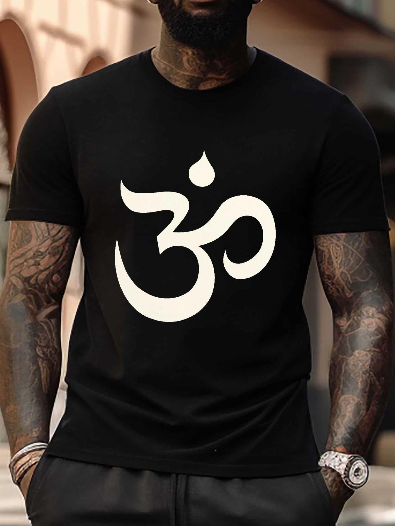 

Plus Size Black T-shirt with Large White Om Symbol - Casual Short Sleeve Round Neck Summer Top S