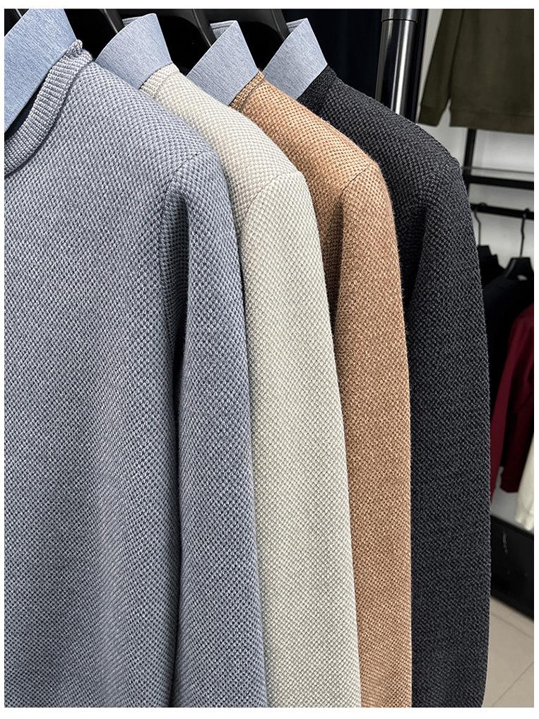 Men's Autumn/Winter Fleece-Lined Two-Piece Look Sweater with Business Shirt Collar