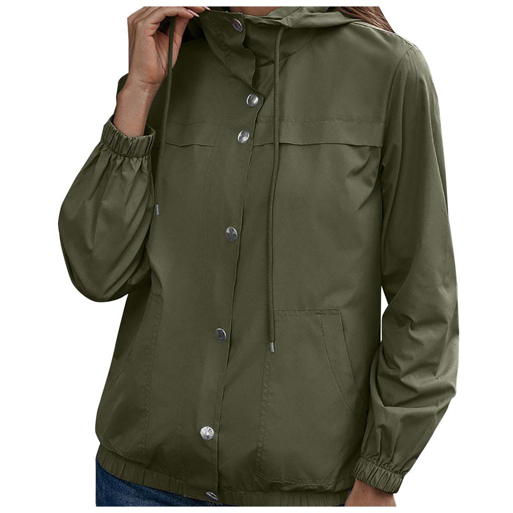 Women's Fashion-Simple Solid Color Outdoor Sports Single-breasted Pocket Windproof And Rainproof Hooded Windbreaker Pocket  Jacket
