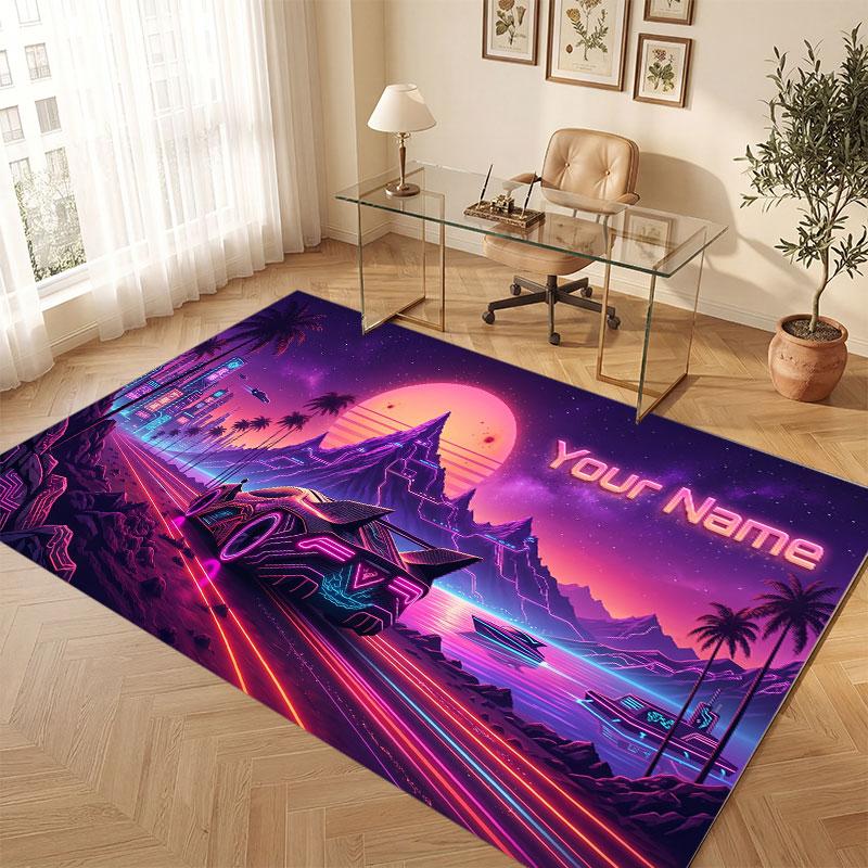 City Cyberpunk Theme Crystal Velvet Floor Rug Personalized Custom Name Text Warm Carpet Home Decoration