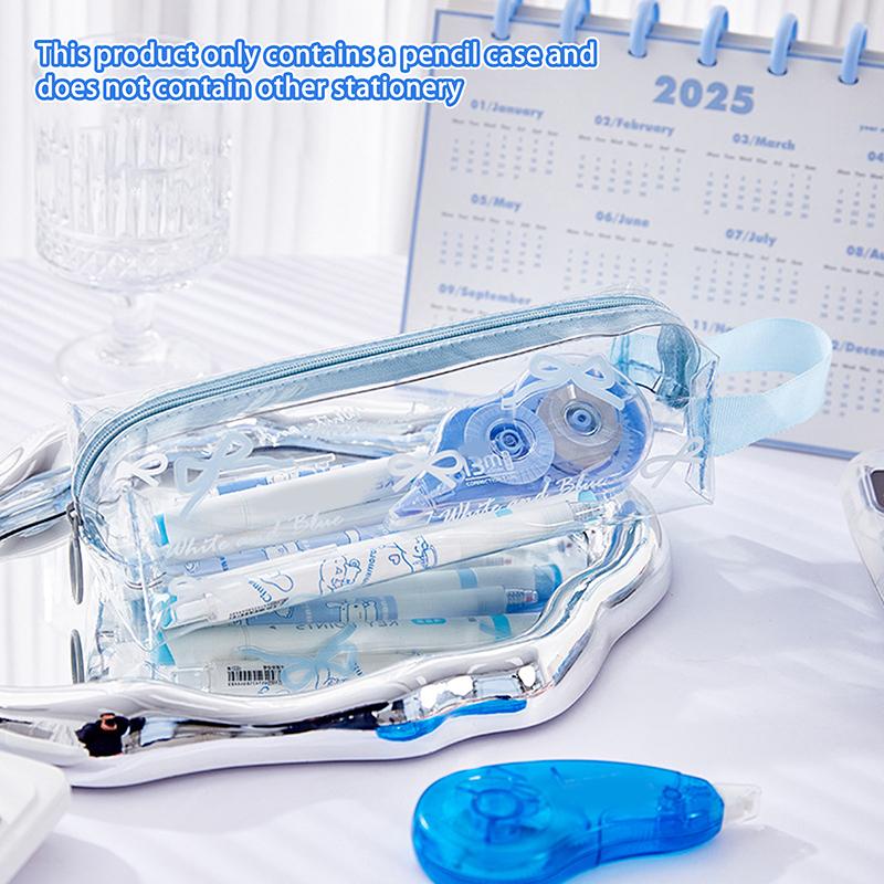 Kawaii Bow Pencil Case Large Capacity Double Layer Transparent Portable Pencil Case School Student Stationery Supplies