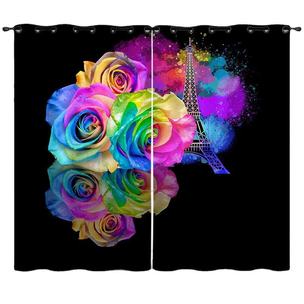 Curtains Small Daisies Black Bouquet 3D Digital Printing Blackout Curtain Punching