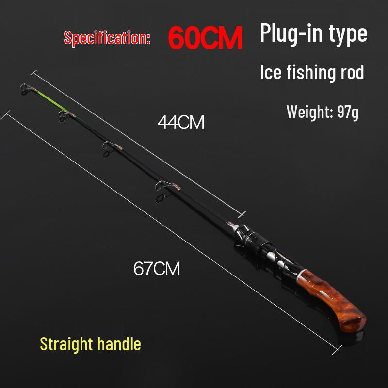 Wood Grain Portable Ice Fishing Rod with Curved Handle and Soft/Hard Tips