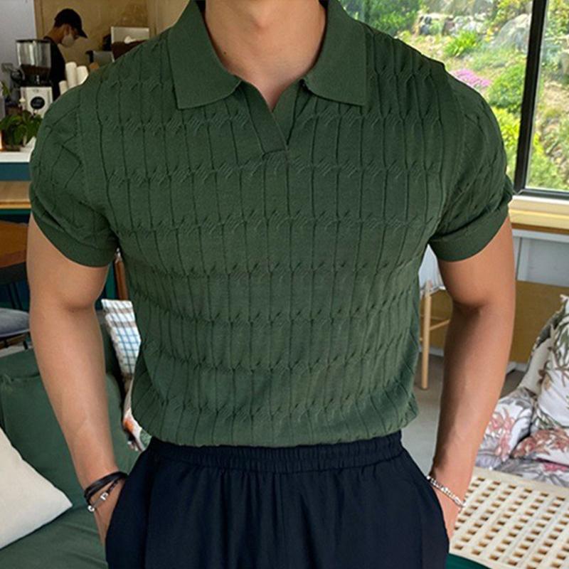 Men's Knitted Jacquard Polo Shirt Casual Stripe V Neck Solid Color Short Sleeve T Shirt Breathable Light Luxury Clothing