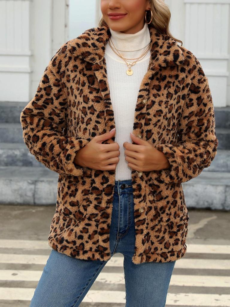 Karierter Plüschmantel mit langen Ärmeln und aufgesetzten Taschen - Europäische & Amerikanische Wintermode