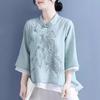 Women's Spring Cotton-Linen Top: Frog Buttons, Embroidered, Oblique Placket, 3/4 Sleeves, Pink/Yellow. Perfect for Tea Ceremonies.