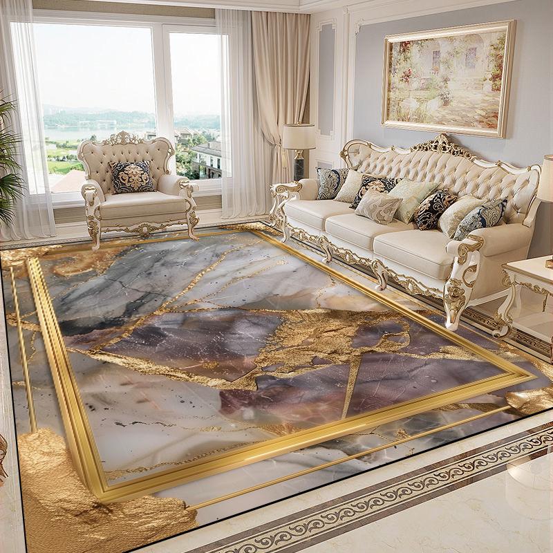 Luxurious Gold Carpets for Living Room Marble Style European Decoration Sofa Area Rugs Non-slip Bedroom Washable Soft Floor Mat