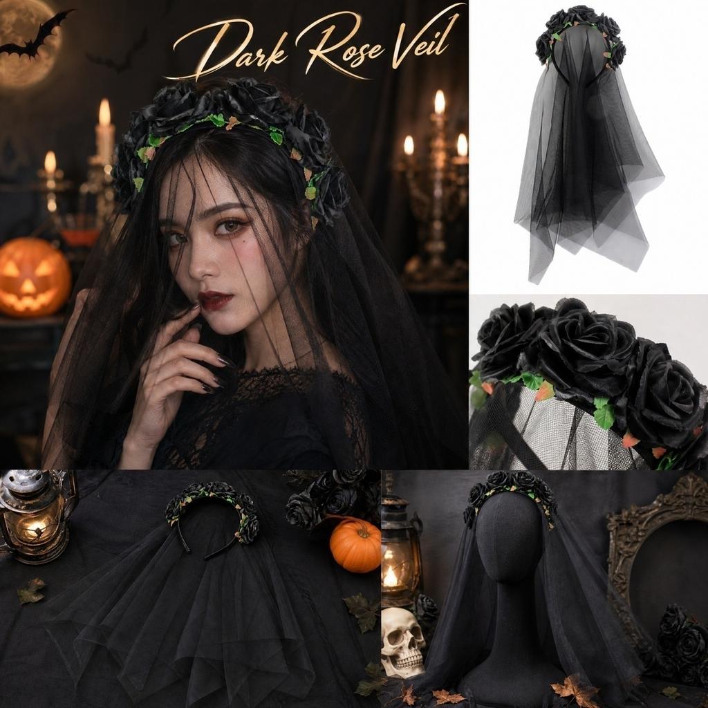 Halloween Black Mesh Rose Headband Hair Accessory for Women