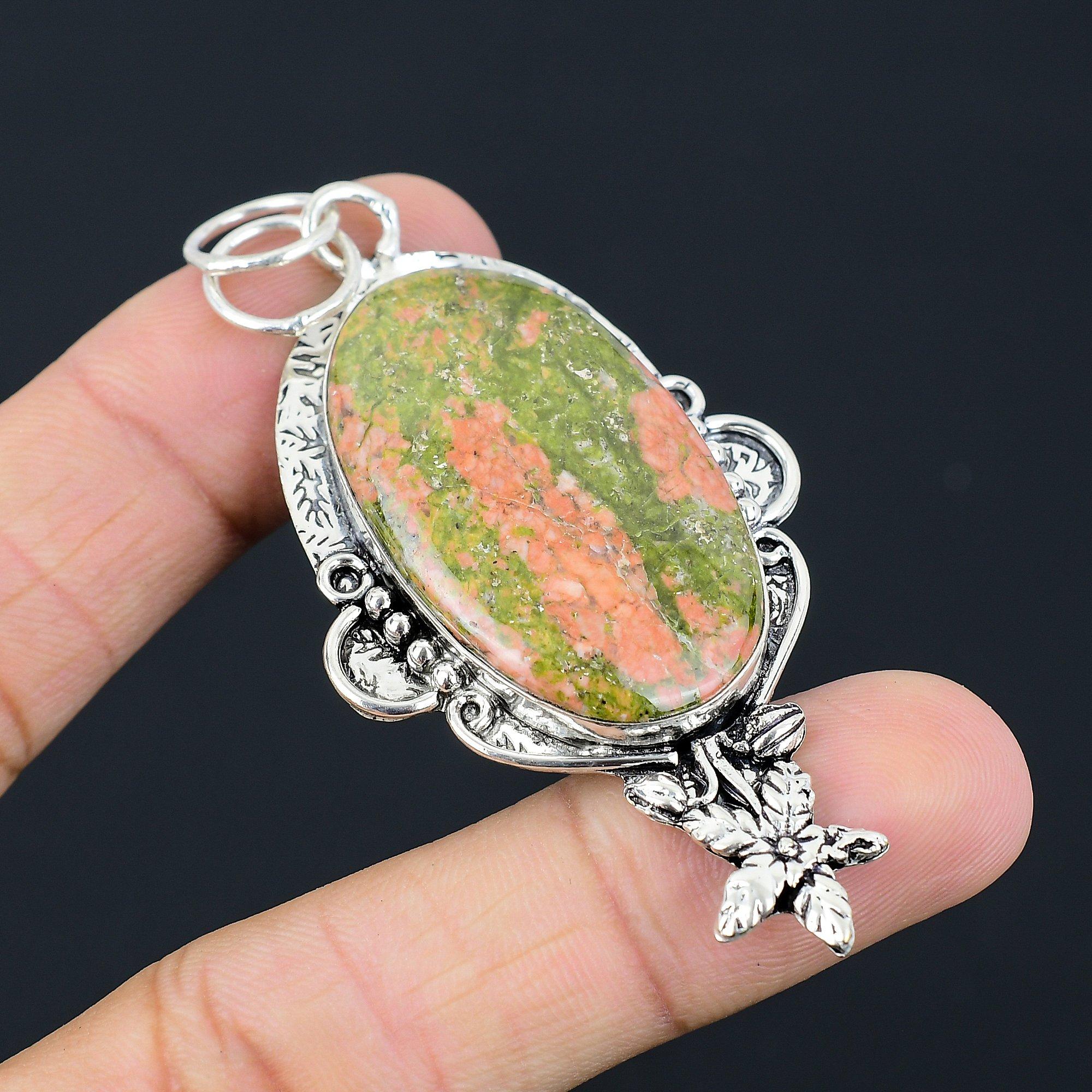 Oval Unakite Stone Wedding Flower Heart Chakra Boho Pendant 925 Sterling Silver