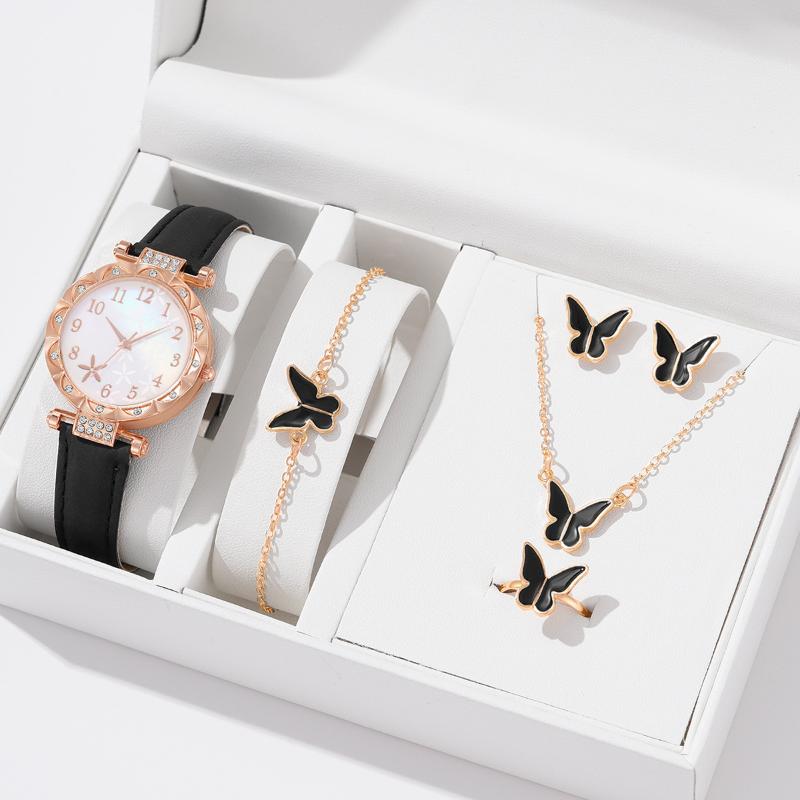 6 Peças/Conjunto Relógio Feminino Moda Flores Pulseira de Couro Relógios Analógicos de Quartzo Conjunto de Joias Borboleta(Sem caixa)