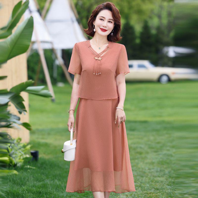 

Короткое платье с коротким рукавом в китайском стиле для женщин среднего и пожилого возраста - Летнее однотонное модное платье средней длины XL (Recommended 80-105 jin) оранжевый