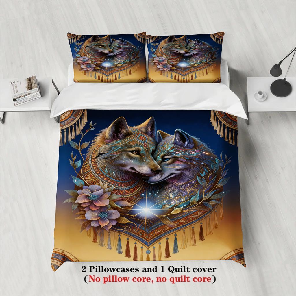 Wolf Couple Bedding Set Blue And Gold Mandala Floral Pattern Duvet Cover Pillowcases Wrinkle-Free For Bedroom Decor