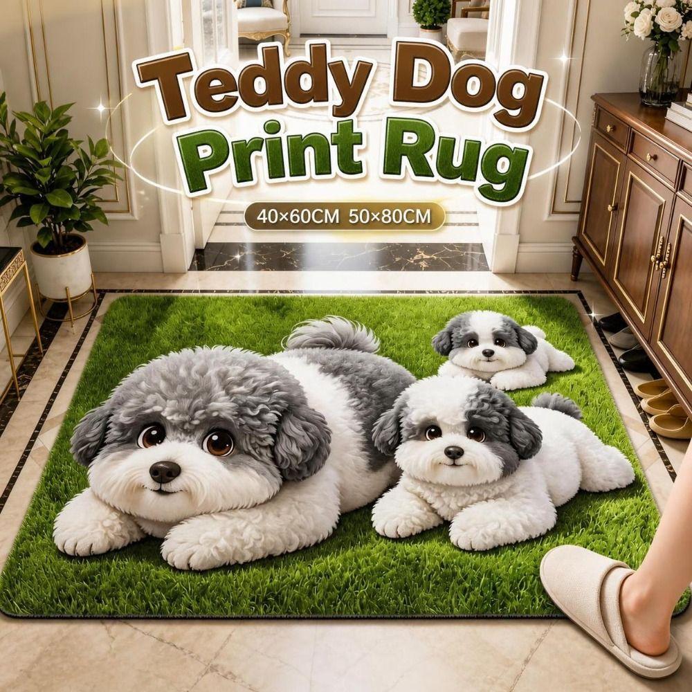 Absorbent Teddy Dog Print Rug Diatomite Entryway Rug Cartoon Floor Mat Home Decor