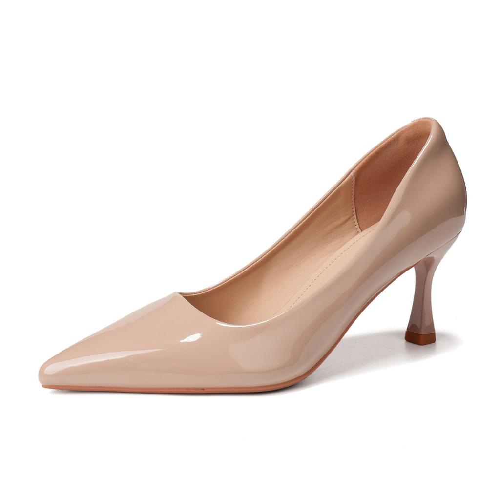 Nude high heels women's autumn patent leather waterproof table sexy temperament commuting single shoes dress pointed