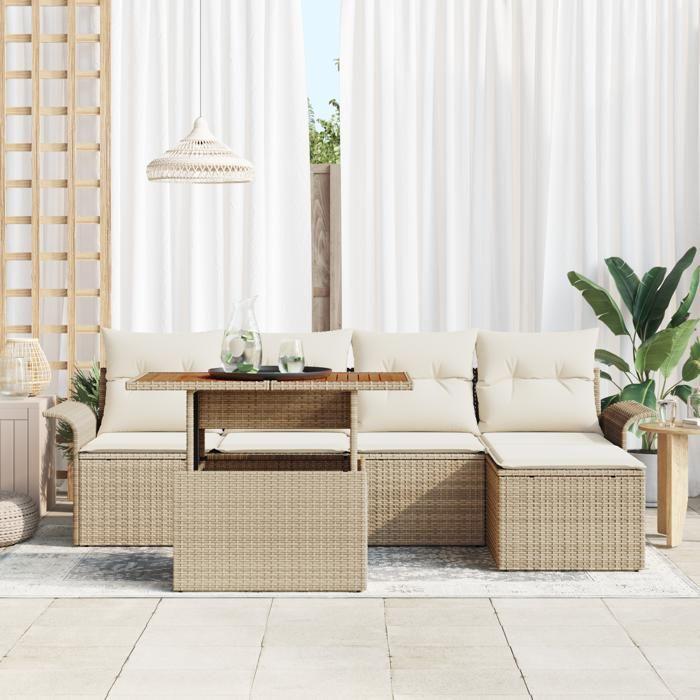 VidaXL Ensemble de Salle à Manger de Jardin 6 pièces avec Coussins Beige Rattan Acacia 3349322