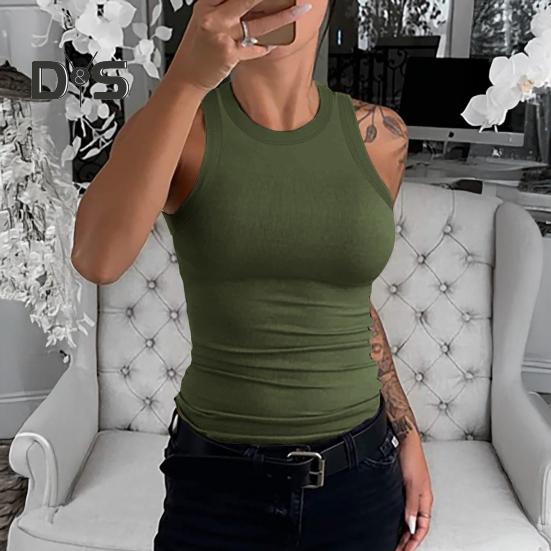 Women Vest Round Neck Sleeveless Elastic Slim Fit Tops Solid Color Sport Camisole Summer Gym Fitness Tops